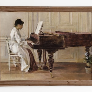 Vintage Woman Playing Piano Art: Farmhouse Portrait Painting (Digital Download)
