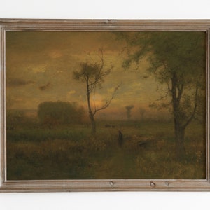 Moody vintage landscape. Antique oil painting. Sunrise painting. Landscape painting farm. French farmhouse decor. Printable wall art
