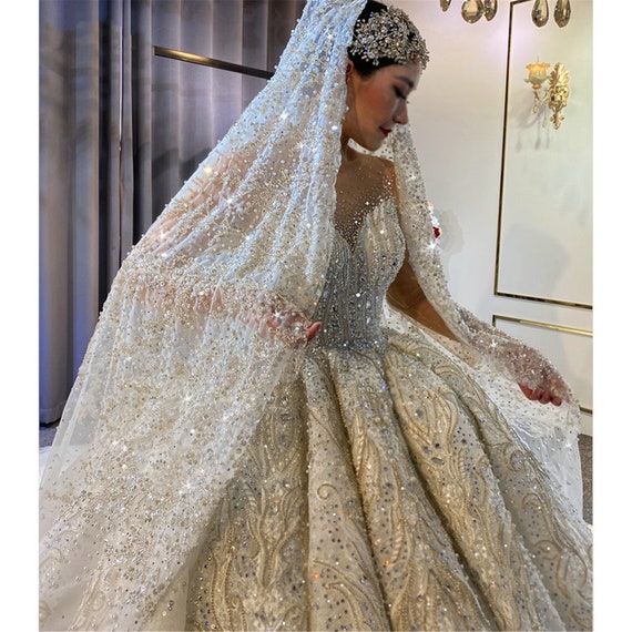 Full beading luxury long lace veil 34 sizes ivory color top | Etsy