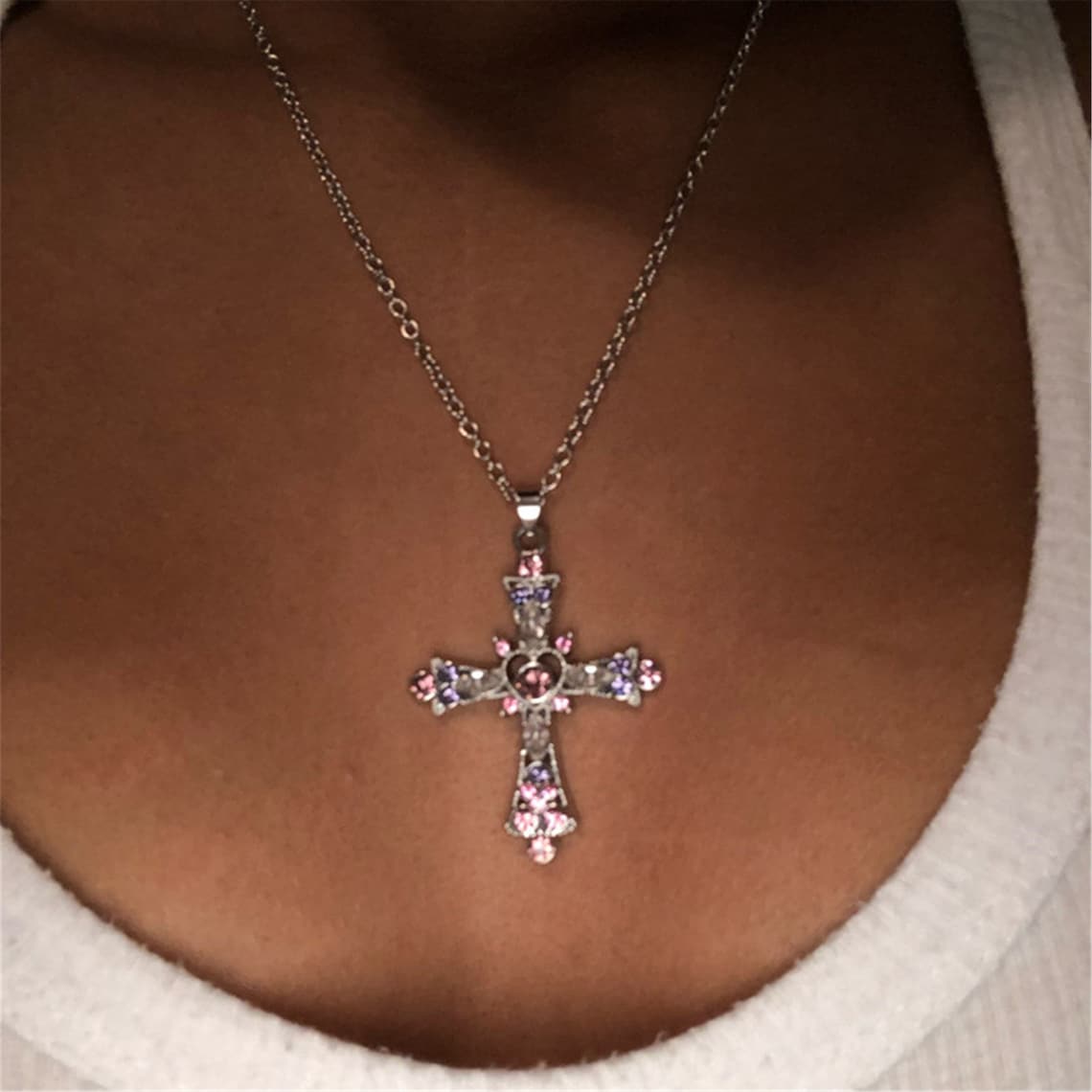 Women pink rhinestone cross pendant vintage y2k chains collar Etsy