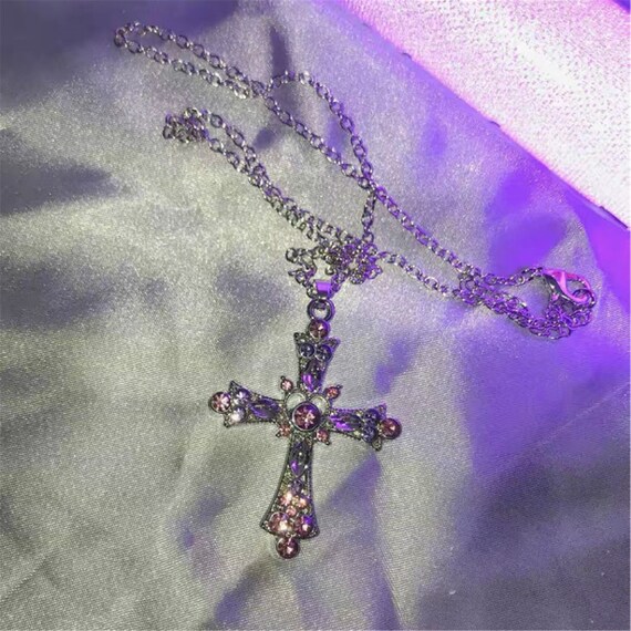 Women Pink Rhinestone Cross Pendant 