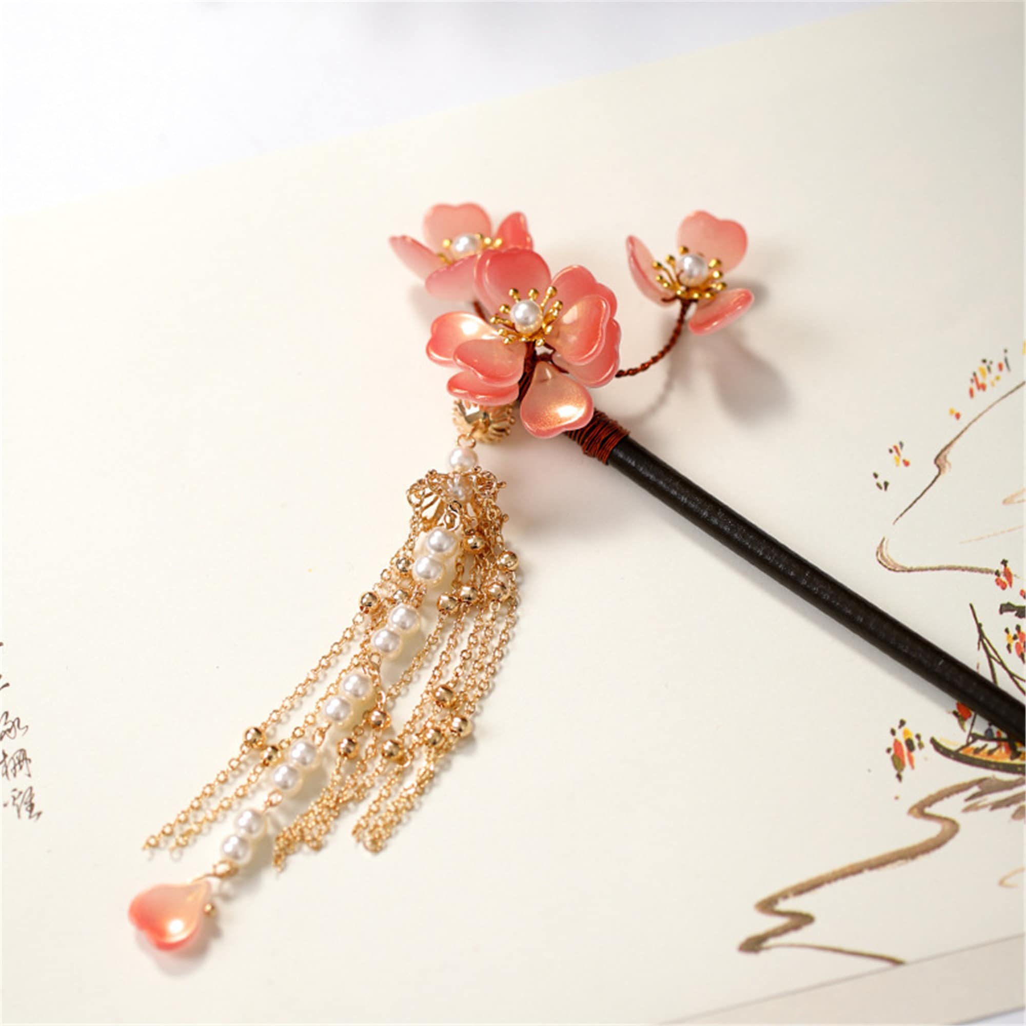 Vintage Chinese Hair Pins Flower Pearls Beads Long Tassels Etsy