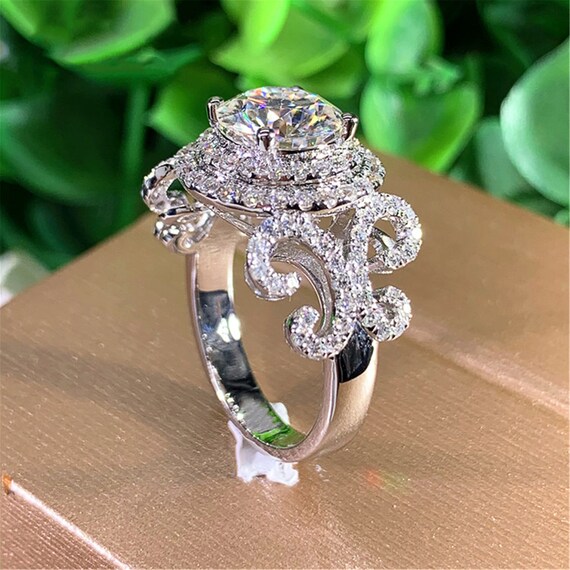 GloryMM Exquisite Rhombus Flower Ring with Glaring Cubic Zirconia Womens Elegant Thin Wedding Band Ring,Silver,#10 