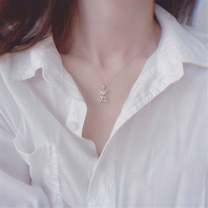 Exquisite Movable Bear Women Necklace 14k Real Gold Elegant Zircon Necklace Birthday Gift Jewelry