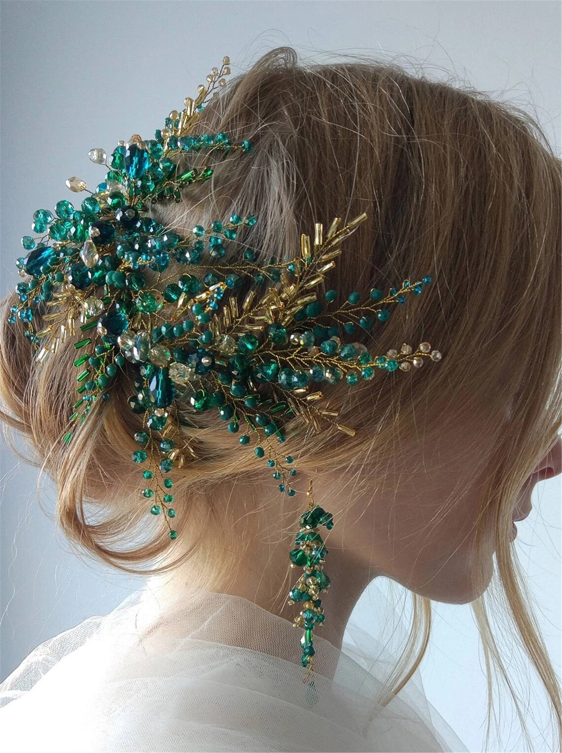 Green Hair Vine Hair Piece Crystal Headdress Bridal Gold Hair Etsy