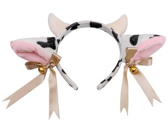 Plush Cow Ears Headband with Bells Ribbon Bow Hair Hoop Animal Party Cosplay Headpiece