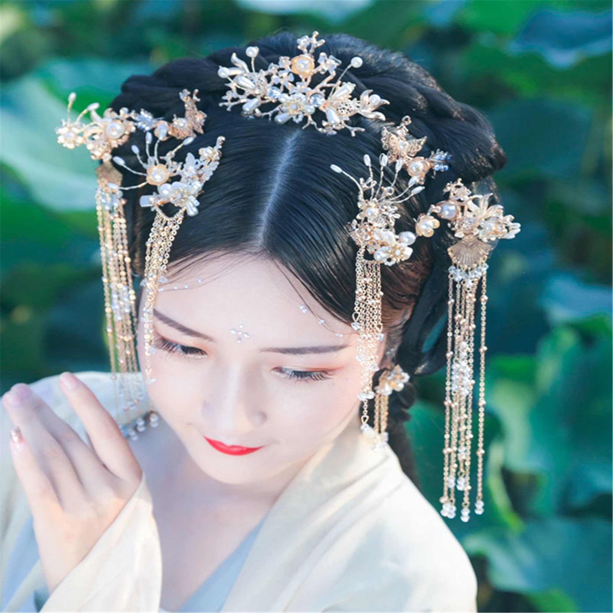 Chinese Hanfu Headdress Bride Full Set of Hair Fringe Tassel Etsy