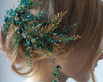 Green wedding hair vine Green bridal set of earrings studs and hair vine Green earrings studs Bridal comb Wedding twig Boho hair vine