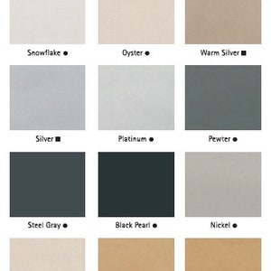 May include: A color chart displaying twelve satin pre-mixed water-base metallic colors. The colors include Snowflake, Oyster, Warm Silver, Silver, Platinum, Pewter, Steel Gray, Black Pearl, Nickel, Champagne, Pale Gold, and Gold Rush.