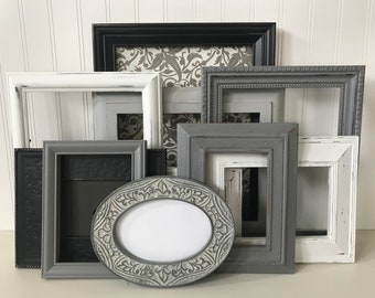 Gallery Wall Frames - Custom Painted Vintage Frame Set in Grey, Black and White - Frame Collage - French Country Decor - Distressed Frames