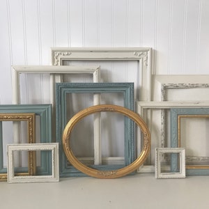 Vintage Picture Frames - Farmhouse  - Gallery Wall Frames - Duck Egg Blue, Gold & Original White Frames - Shabby Chic - Modern Farmhouse