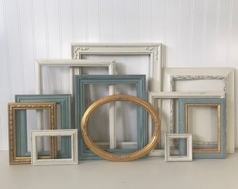 Vintage Picture Frames - Farmhouse  - Gallery Wall Frames - Duck Egg Blue, Gold & Original White Frames - Shabby Chic - Modern Farmhouse