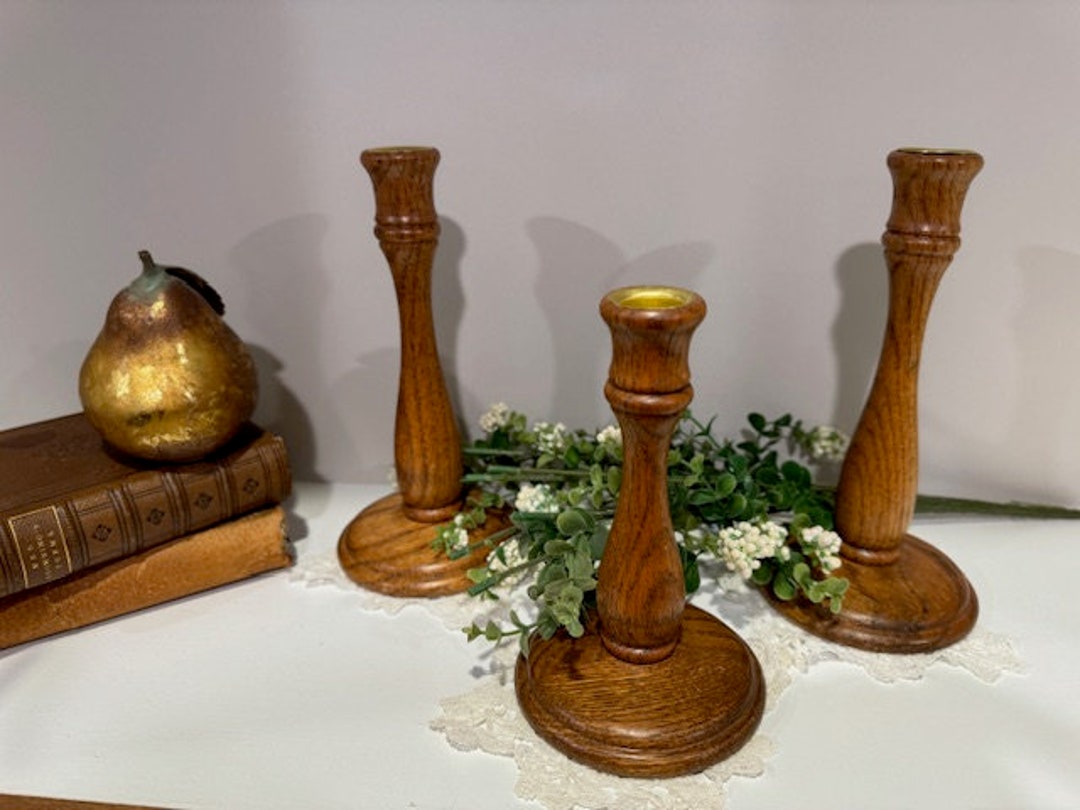 Three Wooden Vintage Candlesticks Vintage Wooden Candlesticks Oak