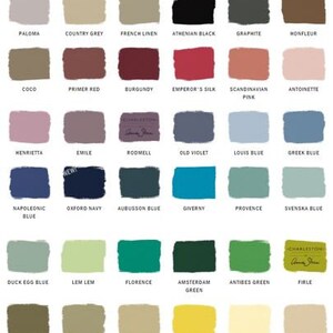 May include: A color chart featuring a variety of paint swatches in a grid layout. The swatches display a range of colors, including neutrals, blues, greens, reds, and yellows. Each swatch is labeled with a color name, such as "Pure" or "Barcelona Orange".