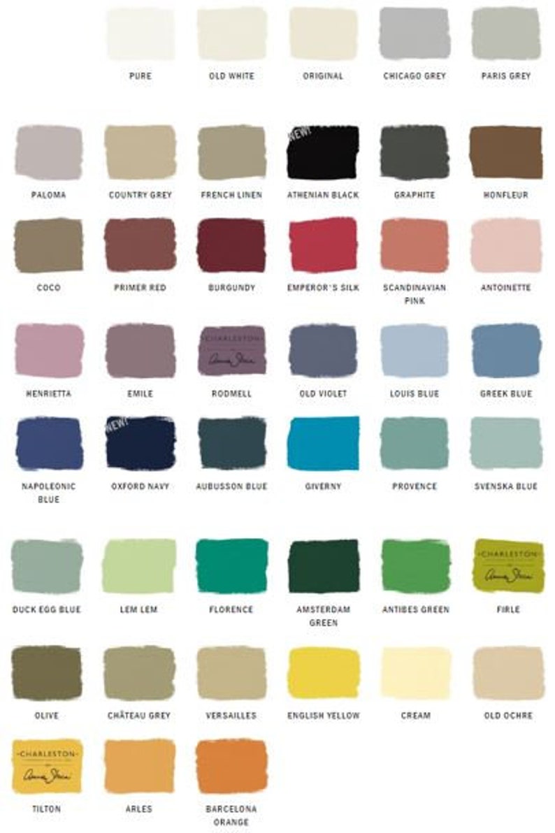 May include: A color chart featuring a variety of paint swatches in a grid layout. The swatches display a range of colors, including neutrals, blues, greens, reds, and yellows. Each swatch is labeled with a color name, such as "Pure" or "Barcelona Orange".