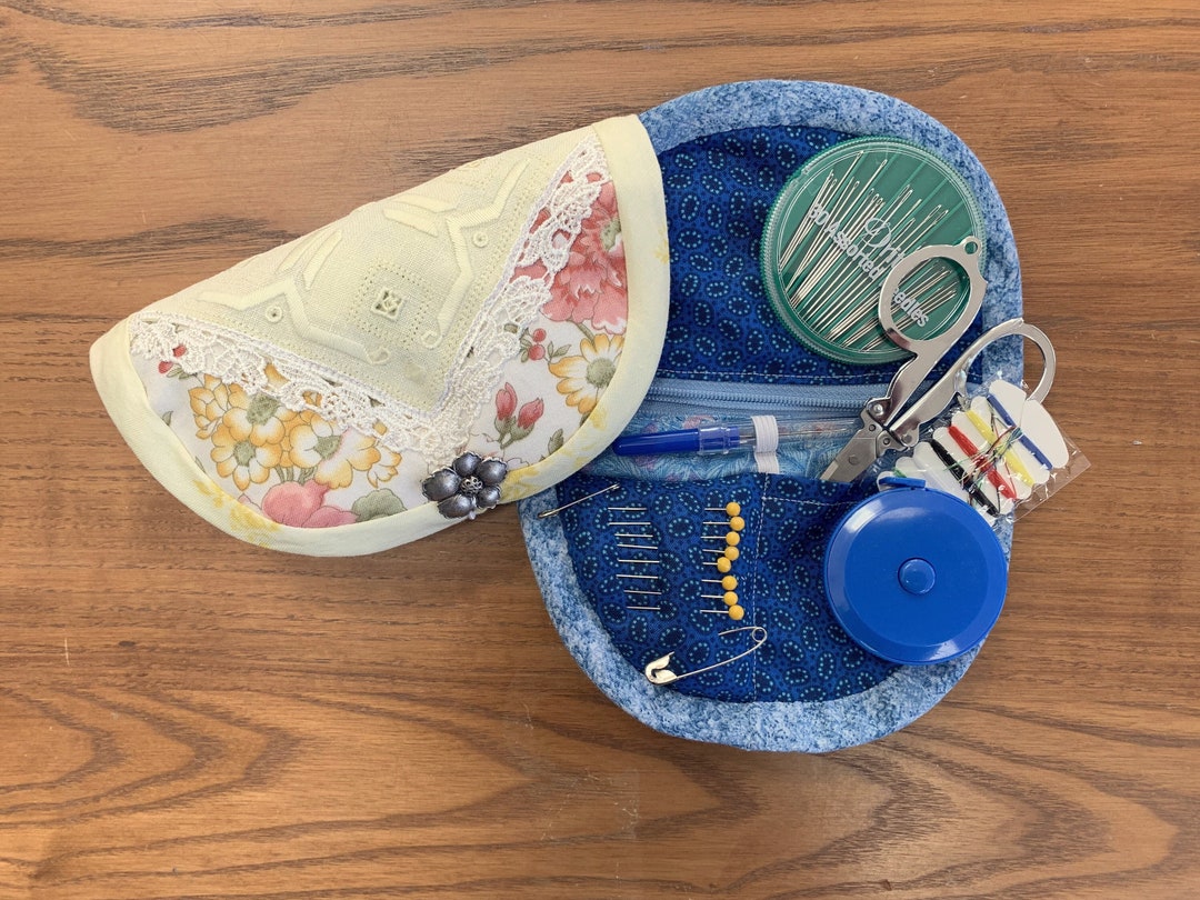 Small Sewing Kit Trimmed With Repurposed Vintage Lace & Linen, Travel