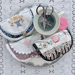 Small Sewing kit trimmed with Repurposed Vintage Lace & Linen, Mending Kit stocked with tools, Travel Sewing Kit, Unique Gift
