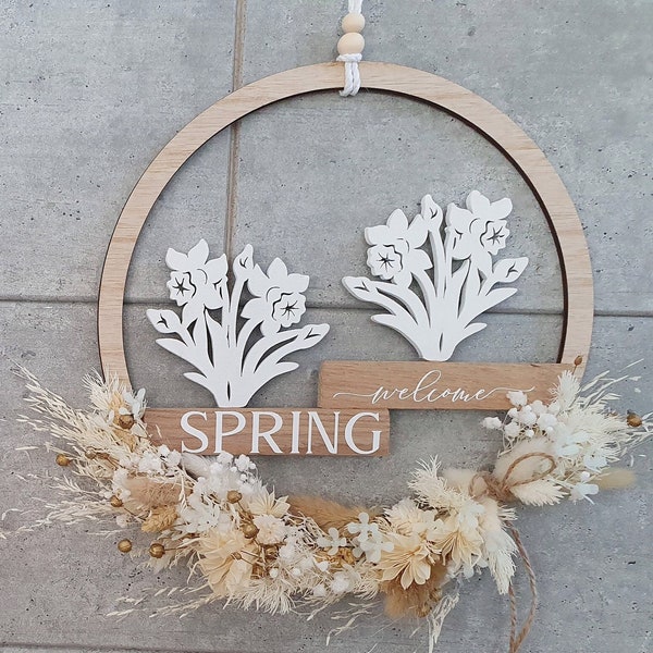 Raamdecoratie lente houten krans met narcissen of sneeuwklokjes & gedroogde bloemen