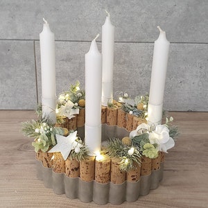 Advent wreath made of corks in white or anthracite illuminated with candles