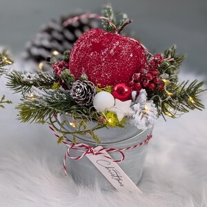 Besneeuwde winterappel in zinken pot met ledverlichting | Rode kerstversiering