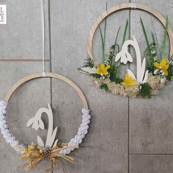 Raamdecoratie lente sneeuwklokje houten ringlus