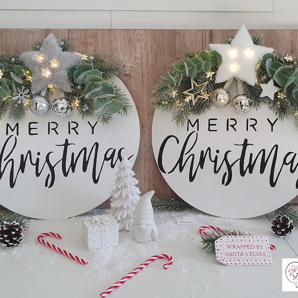 Holzschild dekoriert "Merry Christmas" - Wandkranz Türkranz beleuchtet Weihnachtsdeko haltbar - Türschild Weihnachten - Farmhouse - Landhaus