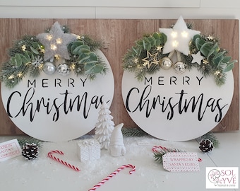 Holzschild dekoriert "Merry Christmas" - Wandkranz Türkranz beleuchtet Weihnachtsdeko haltbar - Türschild Weihnachten - Farmhouse - Landhaus