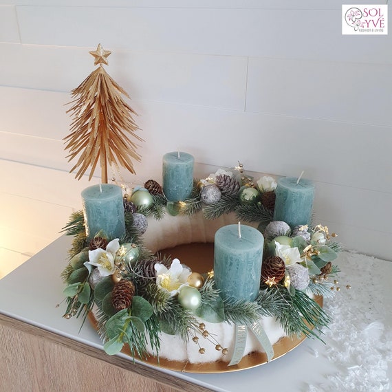 Großer Adventskranz Eukalyptus Gold haltbar 40 cm mit Kerzen & Teller