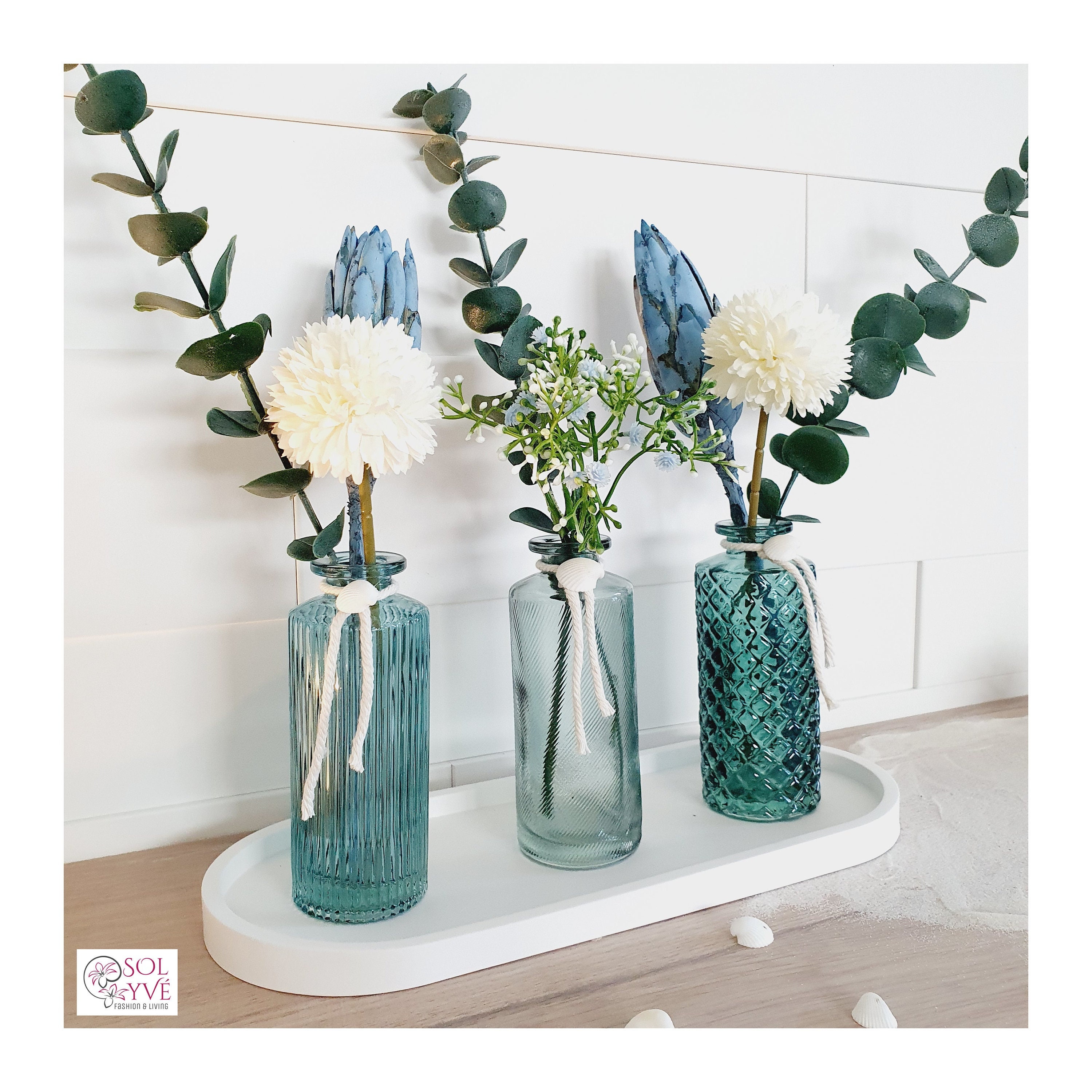 Deko Vasen Aqua 3er Set - Sommerdeko Vasenset blau grün wahlweise mit oder ohne Tablett & Blumen