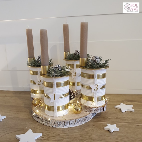 Adventskranz Gold-Weiß Metall I Wahlweise nur Kerzenhalter oder Komplett-Set mit Baumscheibe inkl. Deko