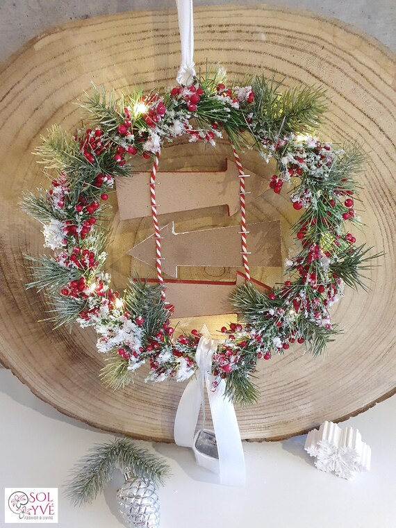 Weihnachtskranz beleuchtet mit Holzschild Wandkranz Türkranz Fensterdeko - Weihnachtsdeko rot