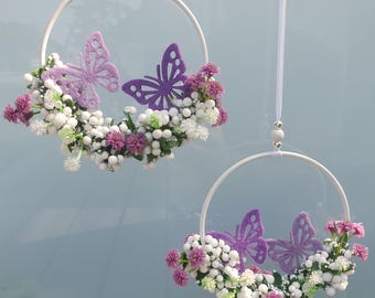 2er Set Fensterdeko Schmetterlinge I Weiße Metallringe mit Kunstblumen I Haltbare hängende Sommerdeko in weiß & lila