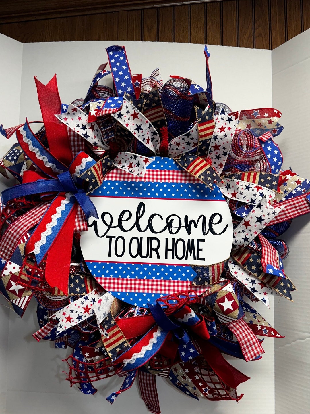 Large Patriotic Wreath for Front Door, Red White and Blue. Welcome to ...