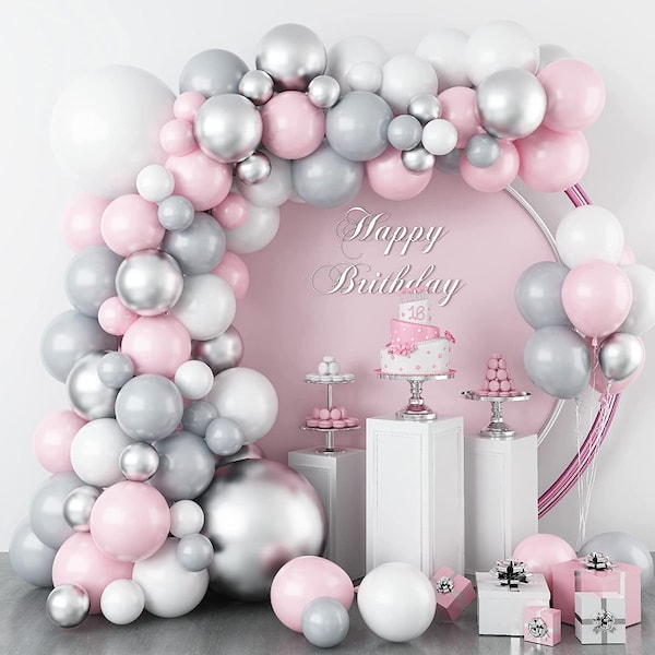 Pink, Silver, Grey and White Pastel Latex Balloon Garland Arch Kit with 18inch Silver Balloons for Birthday, Baby Shower, Summer party