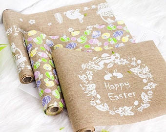 Happy Easter Table Runner, Linen Table Cloth Covers with bunny eggs for Easter Table Decorations Farmhouse Kitchen Dining Room Easter Party