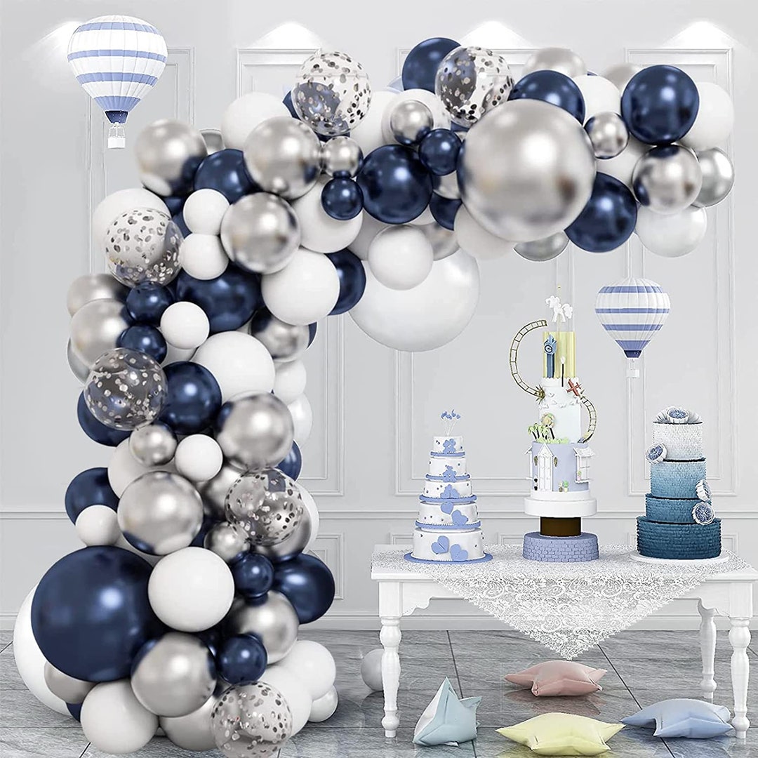 Navy Blue Balloon and Silver Arch Kit, Navy Blue and Silver White