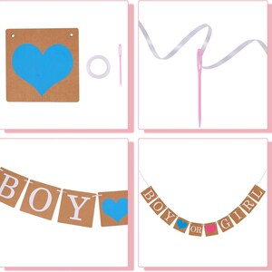 以下が含まれることがあります： 青いハートとピンクのハートが付いた、「BOY OR GIRL」と書かれた茶色の紙の旗が付いたジェンダーリビールパーティーの横断幕。横断幕は白いリボンで結ばれており、吊り下げ用の針と糸が付属しています。