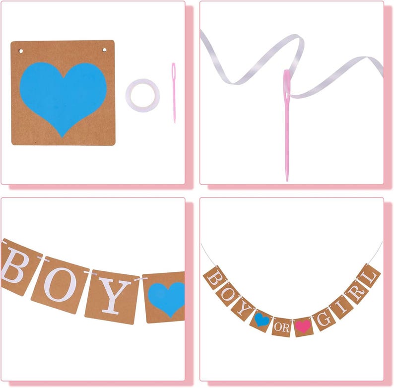 以下が含まれることがあります： 青いハートとピンクのハートが付いた、「BOY OR GIRL」と書かれた茶色の紙の旗が付いたジェンダーリビールパーティーの横断幕。横断幕は白いリボンで結ばれており、吊り下げ用の針と糸が付属しています。