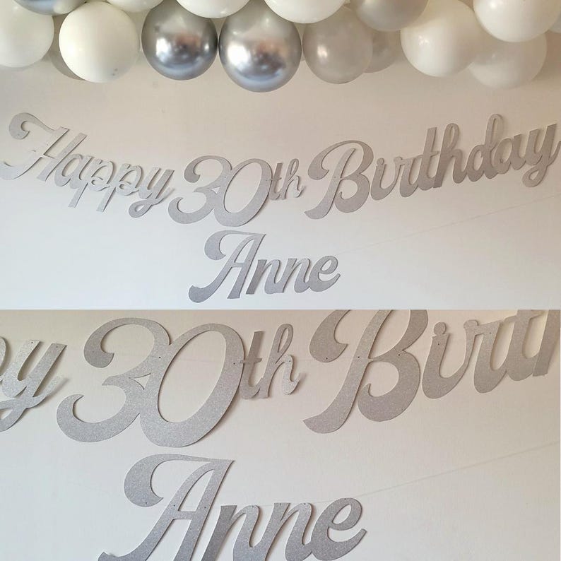 May include: Silver glitter Happy 30th Birthday banner with the name Anne. The banner is made of cardboard and is perfect for a birthday party.