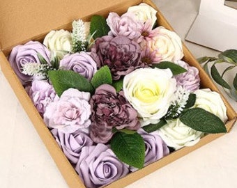 Artificial Flowers Combo Box Set for Wedding Bouquets, Purple Rose Bouquet Centerpieces Baby Shower Party Cake Decor, Mother's Day Bouquet