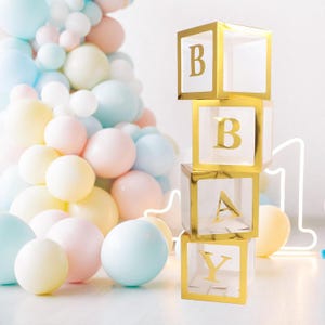 Gold Transparent Baby Blocks, Baby Shower Transparent Boxes, 4 Pop Up Boxes, Photo Backdrop, Balloon filled transparent boxes
