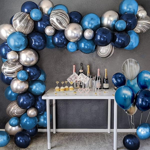 Navy Blue, Silver Balloon Arch Kit, Chrome Blue Gold and Silver Balloon for Mother's Day, Birthdays,  Wedding, Retirement, Baby Shower, Grad