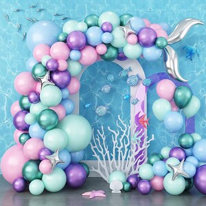 May include: A pastel-coloured balloon arch with a mermaid theme, featuring pink, blue, purple, and teal balloons. The arch includes a silver mermaid tail, star-shaped balloons, and sea creature decorations. The backdrop depicts an underwater scene.