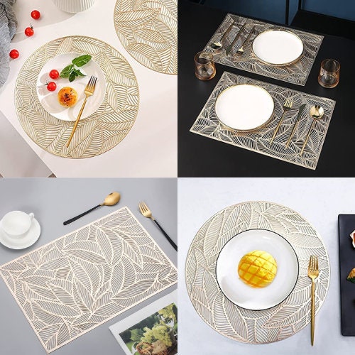 4 Luxury Metallic Gold PVC Placemats Gold Square and Gold Circle