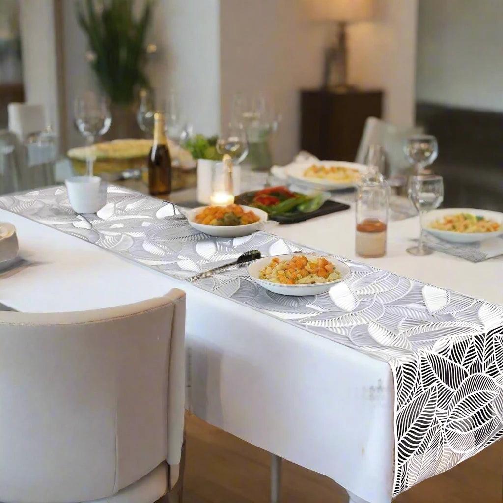 Silver Metallic Foil Print Table Runner - 15x108 Inch Woven Textured Dining Decor For Weddings, Holidays & More