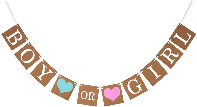 以下が含まれることがあります： 「BOY OR GIRL」の文字と青とピンクのハートが描かれた茶色の紙製のジェンダーリビールバナーです。