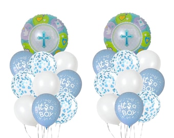 Christening Balloon Bouquet: Blue/Pink Baptism Decor, 16" Foil Balloons