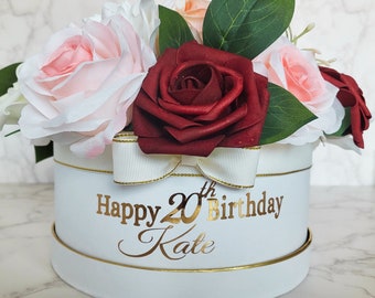Personalised Name and Age Red and White Flower Hat Box, Birthday Gift Box, Floral Arrangement, Customised Birthday Keepsake, Gift For Her