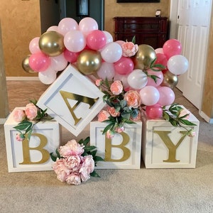 4pcs White Baby Blocks with Gold Letters, Baby Shower Boxes, Baby Shower Boxes, 4 Boxes, Photo Backdrop, Gender Reveal decoration