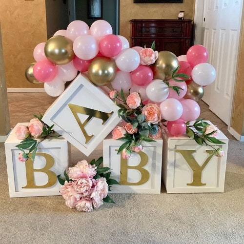 4pcs White Baby Blocks with Gold Letters, Baby Shower Boxes, Baby Shower Boxes, 4 Boxes, Photo Backdrop, Gender Reveal decoration